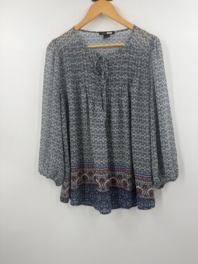 Black note BoHo flowing peasant
top balloon sleeve drawstring women's medium